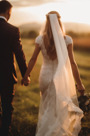 Wedding couple holding hands and walking in field at sunset.の素材