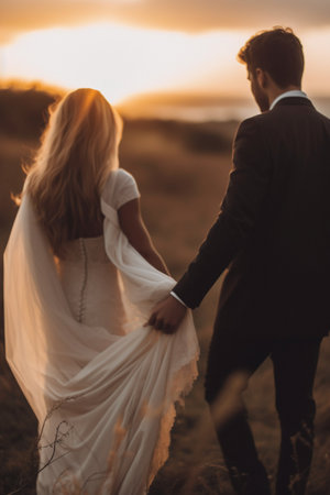 Wedding couple holding hands and walking in the field at sunsetの素材