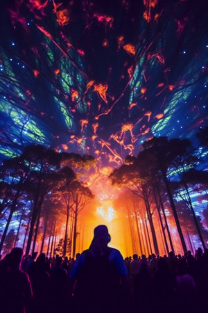 Beautiful laser show in the night sky. Colorful lights.の素材