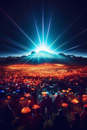 Mountain landscape with poppies and sunbeams at nightの素材