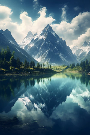 Fantastic mountains landscape with lake and snowcapped peaks reflected in waterの素材