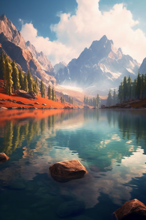 Fantasy landscape with lake and mountains in the background. 3d renderingの素材