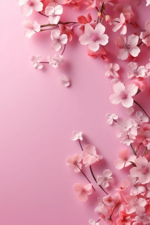 Pink flowers on pink background. Flat lay, top view, copy spaceの素材