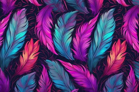 Seamless pattern with colorful feathers on dark background. Vector illustrationの素材