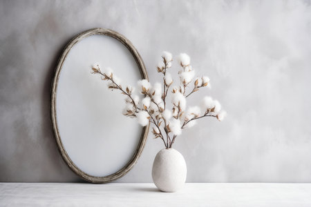 Vase with beautiful cotton flowers on table against gray wall, space for textの素材