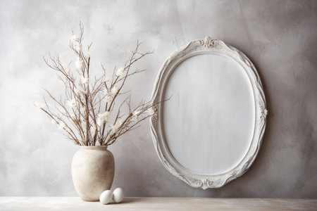Vintage photo frame mockup with gypsophila flowers in vase on table.の素材