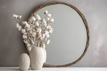 Vase with cotton flowers on table against gray wall. space for textの素材