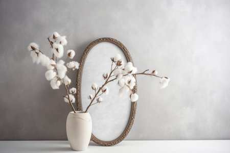 Vase with cotton flowers on table near gray wall. mock upの素材