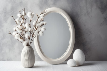 Easter eggs and pussy willow branches in vase on white wooden tableの素材