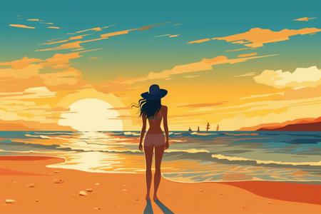 Girl on the beach at sunset. Vector illustration in flat style.の素材