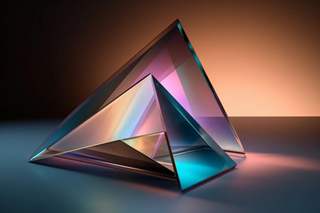 3d rendering of a pyramid on a reflective surface with a gradient backgroundの素材