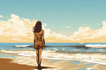 Illustration of a beautiful woman on the beach at sunset, vector illustrationの素材
