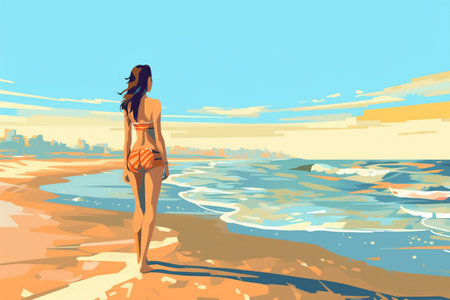 Beautiful girl on the beach. Vector illustration in a flat styleの素材