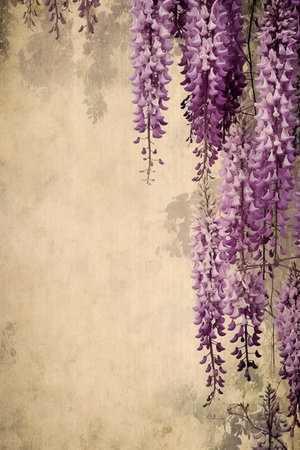 wisteria flowers on old grunge paper background with space for textの素材