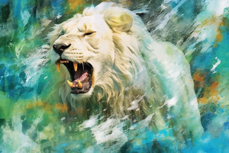 White lion in watercolor painting. Digital painting on canvas. abstract backgroundの素材