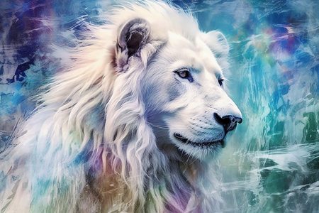 White lion portrait on abstract background. Digital painting. Color effect.の素材