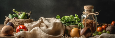 Vegetables, herbs and spices in burlap bags on wooden tableの素材