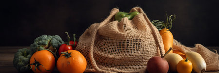 vegetables and fruits in a bag on a wooden background.の素材