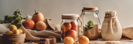 panoramic shot of jars with fruits and vegetables on kitchen tableの素材