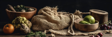 Vegetables, fruits and berries on wooden table in rustic styleの素材