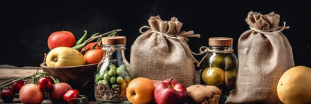 Fruits and vegetables in bags on wooden table with copy space.の素材