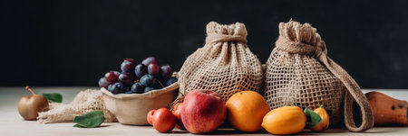 Fruits and vegetables in bags on a wooden table, selective focus.の素材