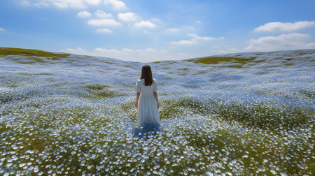 Girl in white dress on the meadow of flax flowers.の素材