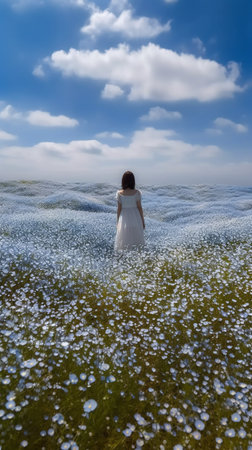Young woman in white dress standing on the grass and looking at the seaの素材