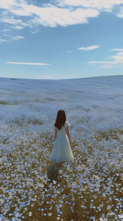 A girl in a white dress walks through a field of flowers.の素材