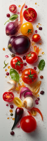 Composition with fresh vegetables and water drops on white background, top viewの素材