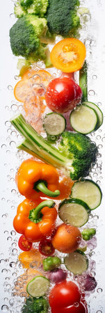 Fresh vegetables falling into water on a white background, close-upの素材