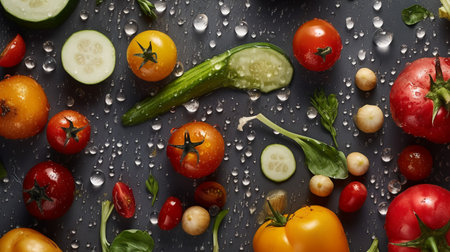 Fresh vegetables on a dark background with water drops, top view.の素材