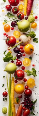 Vegetables and fruits with water drops on a white background.の素材