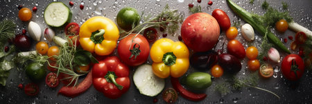 Fresh vegetables on a dark background, top view, copy space.の素材