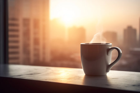 Coffee cup on the window with sunrise cityscape background.の素材