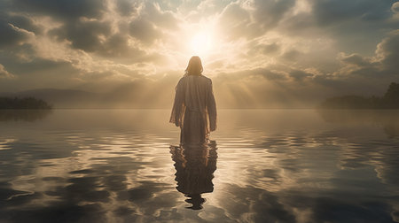 Silhouette of a woman in a hood standing on the lake with reflectionの素材