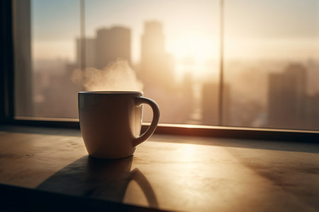 Coffee cup on the windowsill with city view background.の素材