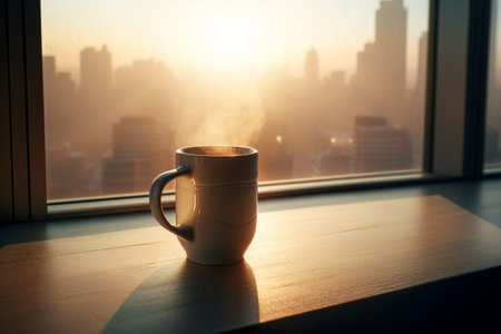 Coffee cup on the windowsill with city view background.の素材