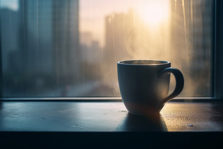 Coffee cup on the window with city view background at sunsetの素材