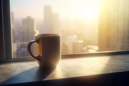 Coffee cup on the window sill with city view at sunriseの素材