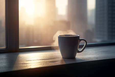 Cup of coffee on the windowsill in the city at sunriseの素材