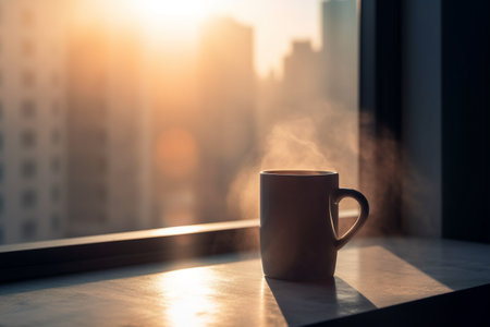 Coffee cup on the windowsill with city view background.の素材