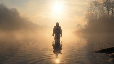 Foggy morning on the river with a girl in a warm sweaterの素材