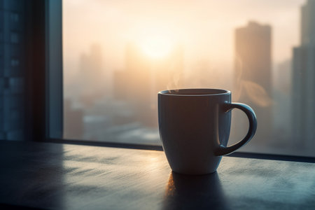 Coffee cup on wooden table with city view background, morning lightの素材