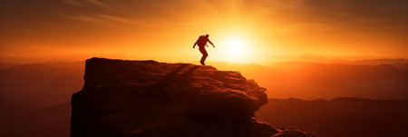 Silhouette of a man standing on top of a rock and looking at the sunriseの素材