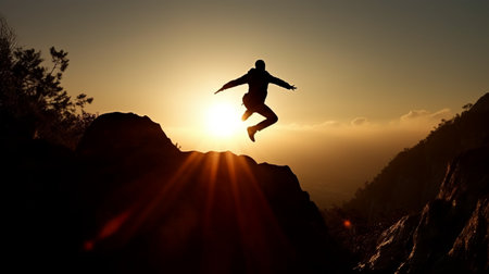 Silhouette of a man jumping on top of a mountain at sunsetの素材