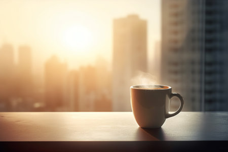 Coffee cup on wooden table with cityscape background, morning lightの素材