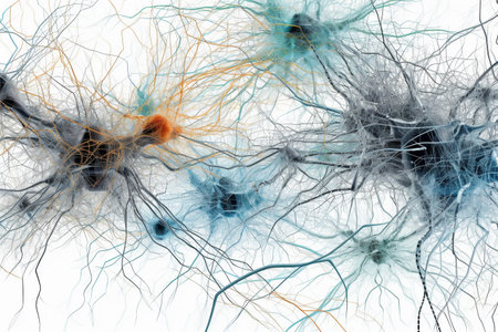 3D illustration of nerve cells with nucleus and nucleus, computer generated abstract backgroundの素材