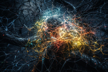 Tree roots glowing in the dark, 3d rendering. Computer digital drawing.の素材