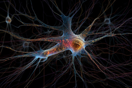 3d illustration of neuron cell with neurons and nervous system, computer generated abstract backgroundの素材